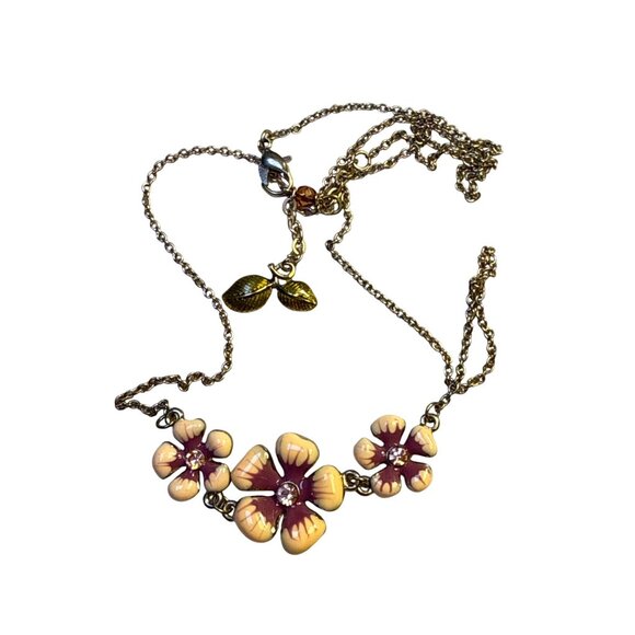 Three Flower Enamel Necklace Colorful Pendant Boho Floral Jewelry Gift - Picture 1 of 11